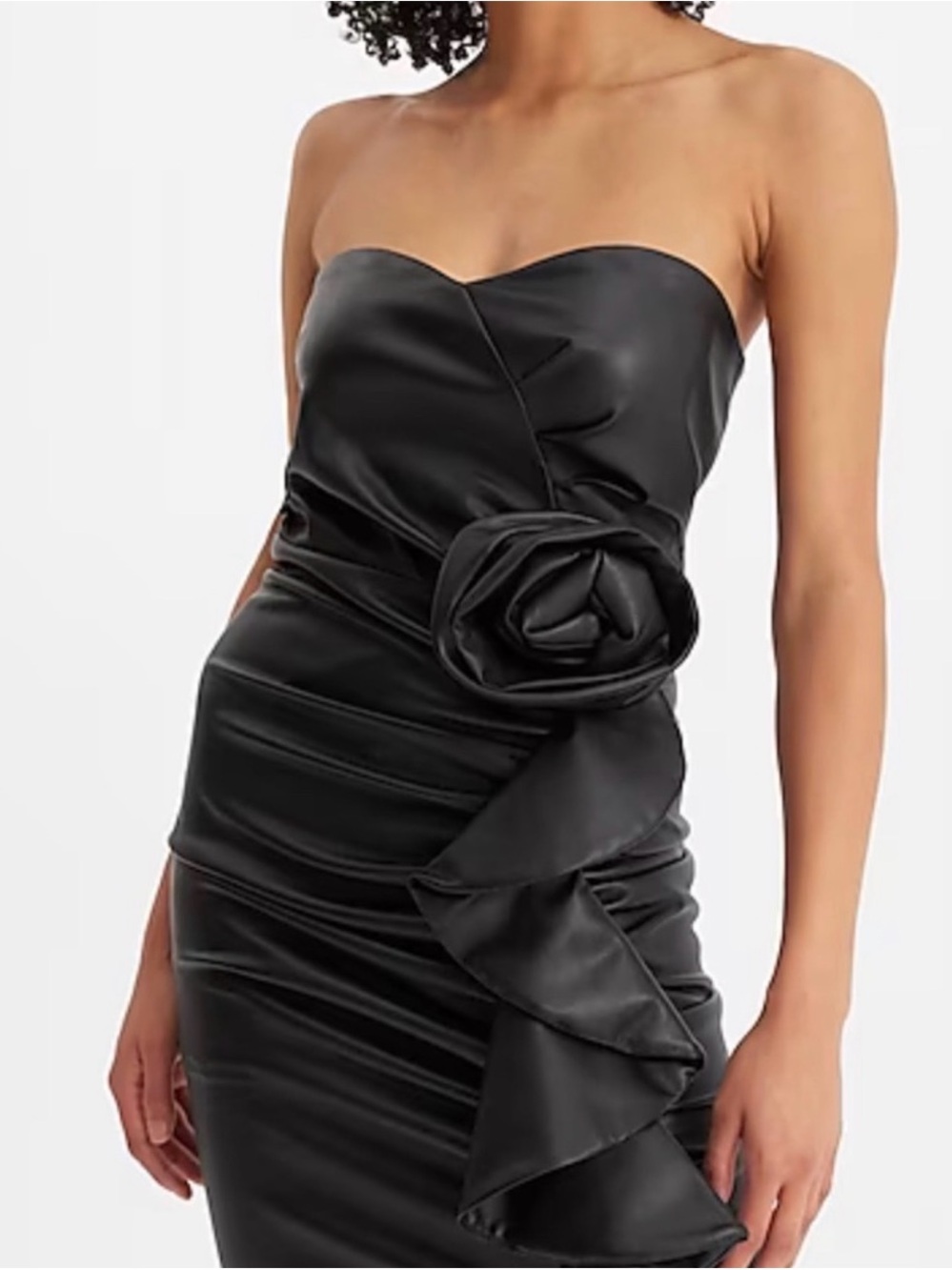 Express Strapless Black Vegan Leather Dress with Rosette Detail